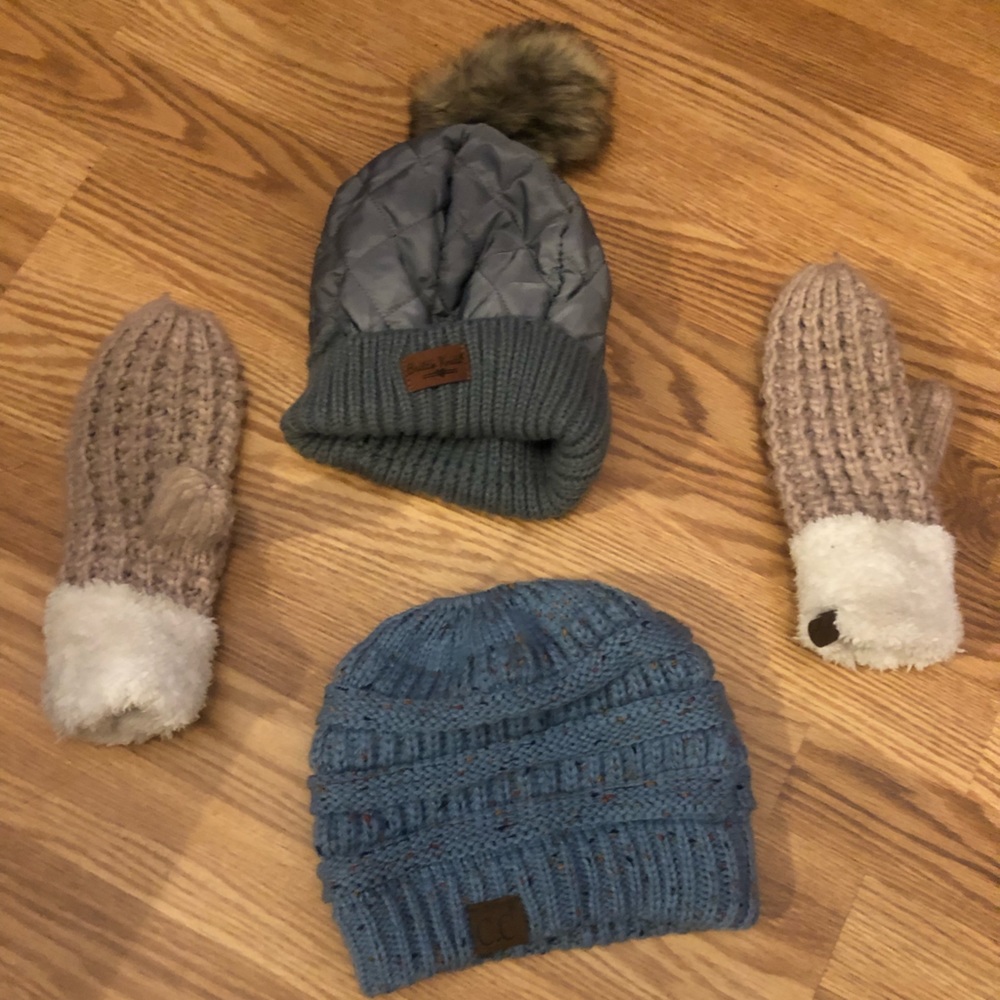 Blue Pom Pom Hat, Hat with hole for Ponytail Holder, and Mittens! Sold together.